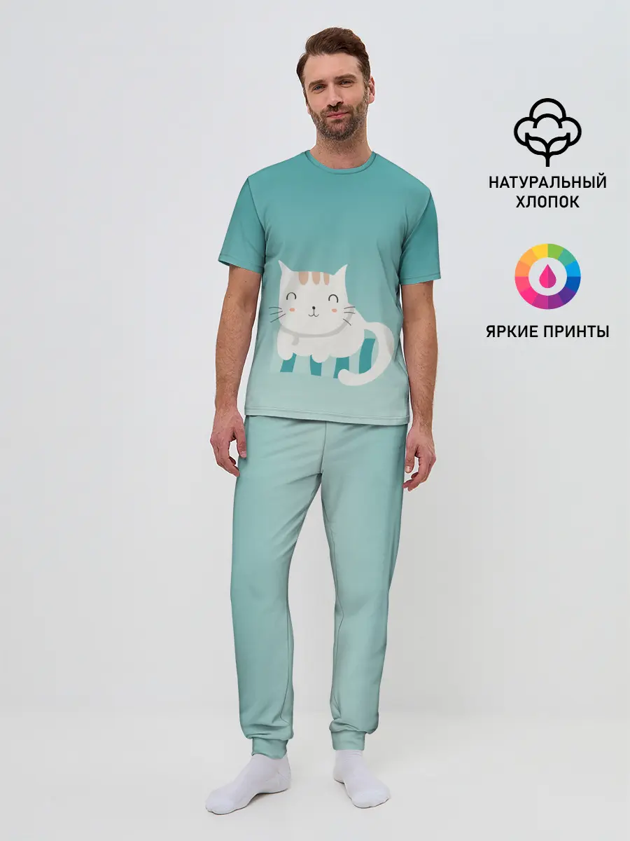 Мужская пижама с брюками / котик на подстилке