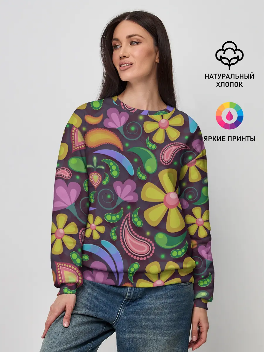 Женский свитшот / летние цветы узор на темном