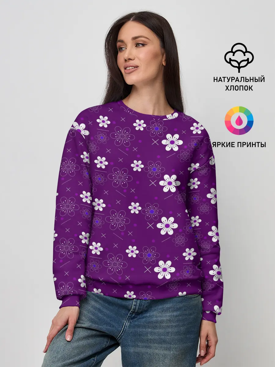 Женский свитшот / узор цветы на фиолетовом фоне