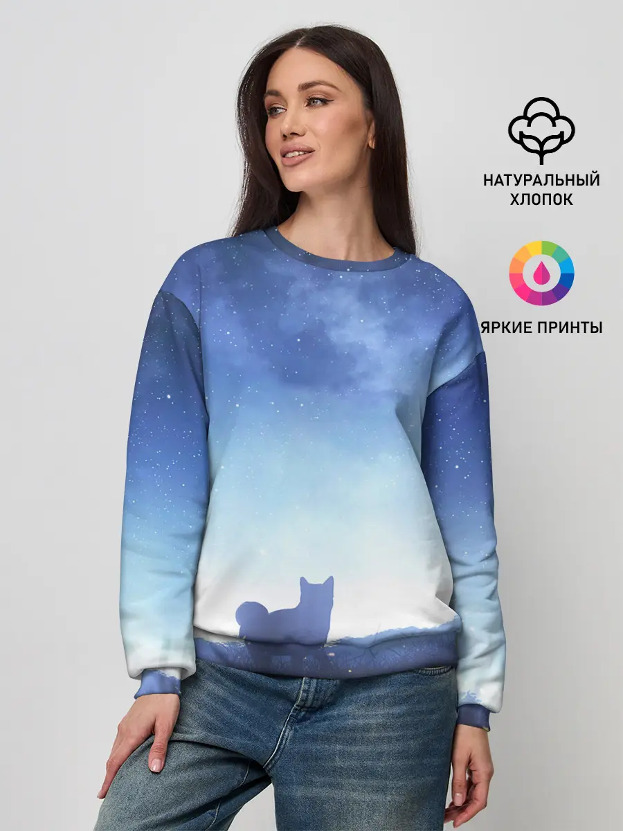 Женский свитшот / силуэт корги ночь космос дымка