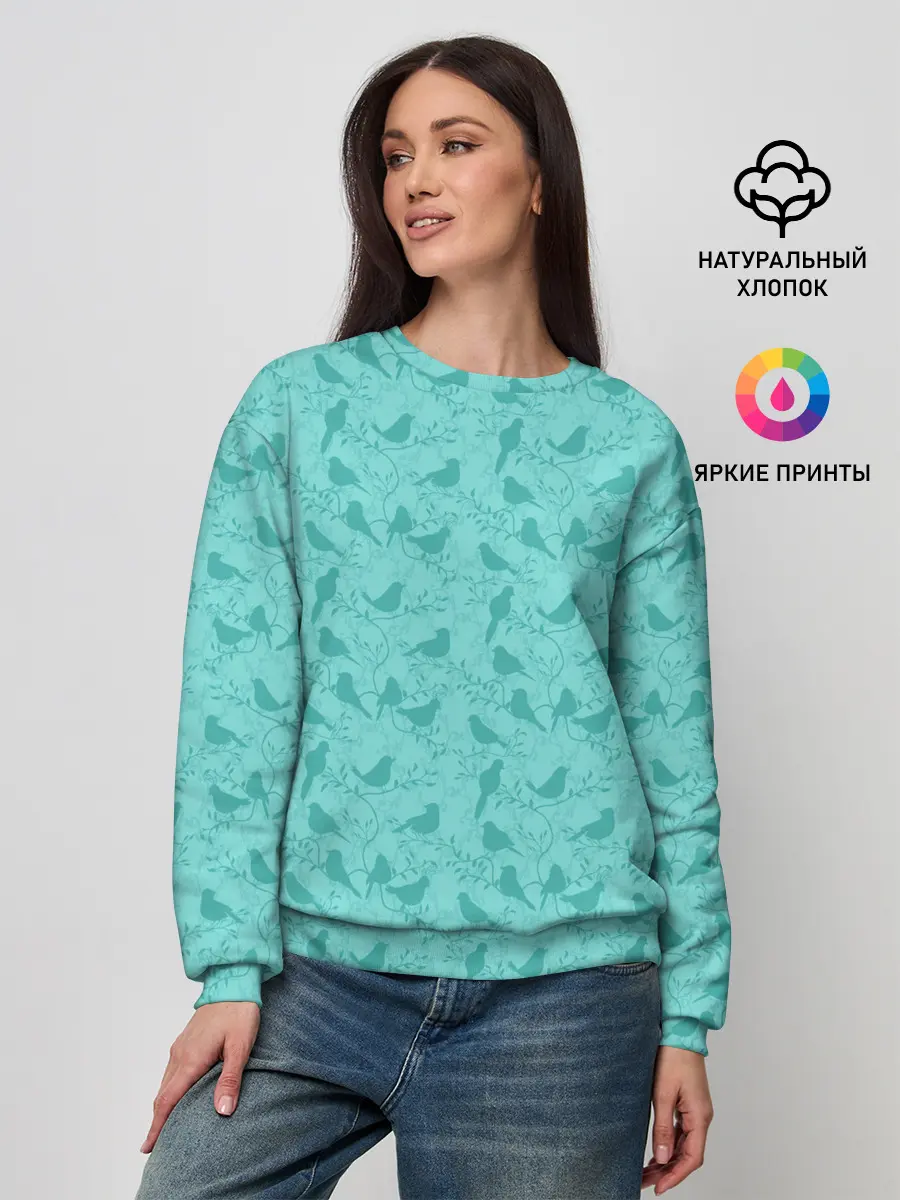 Женский свитшот / Зеленые птицы летний узор