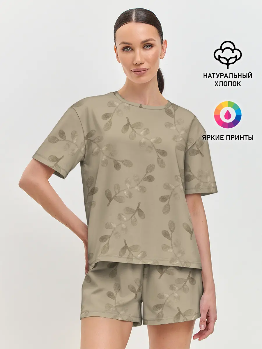 Женская пижама с шортами / Листья на бежевом фоне