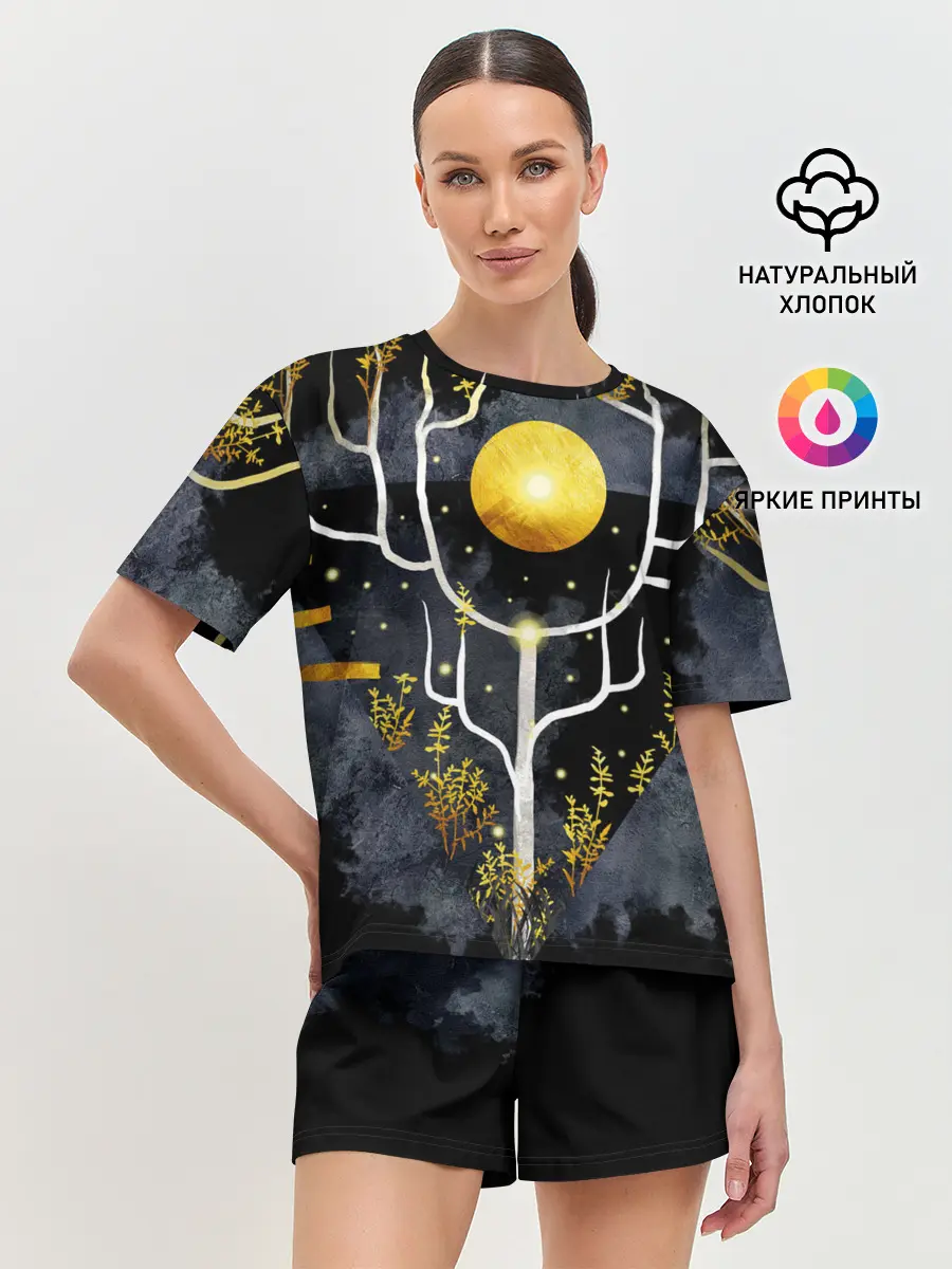 Женская пижама с шортами / графит и золото: дерево жизни