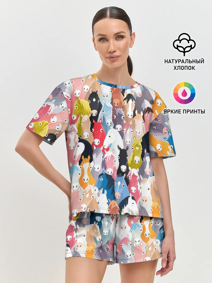 Женская пижама с шортами / цветные лошади