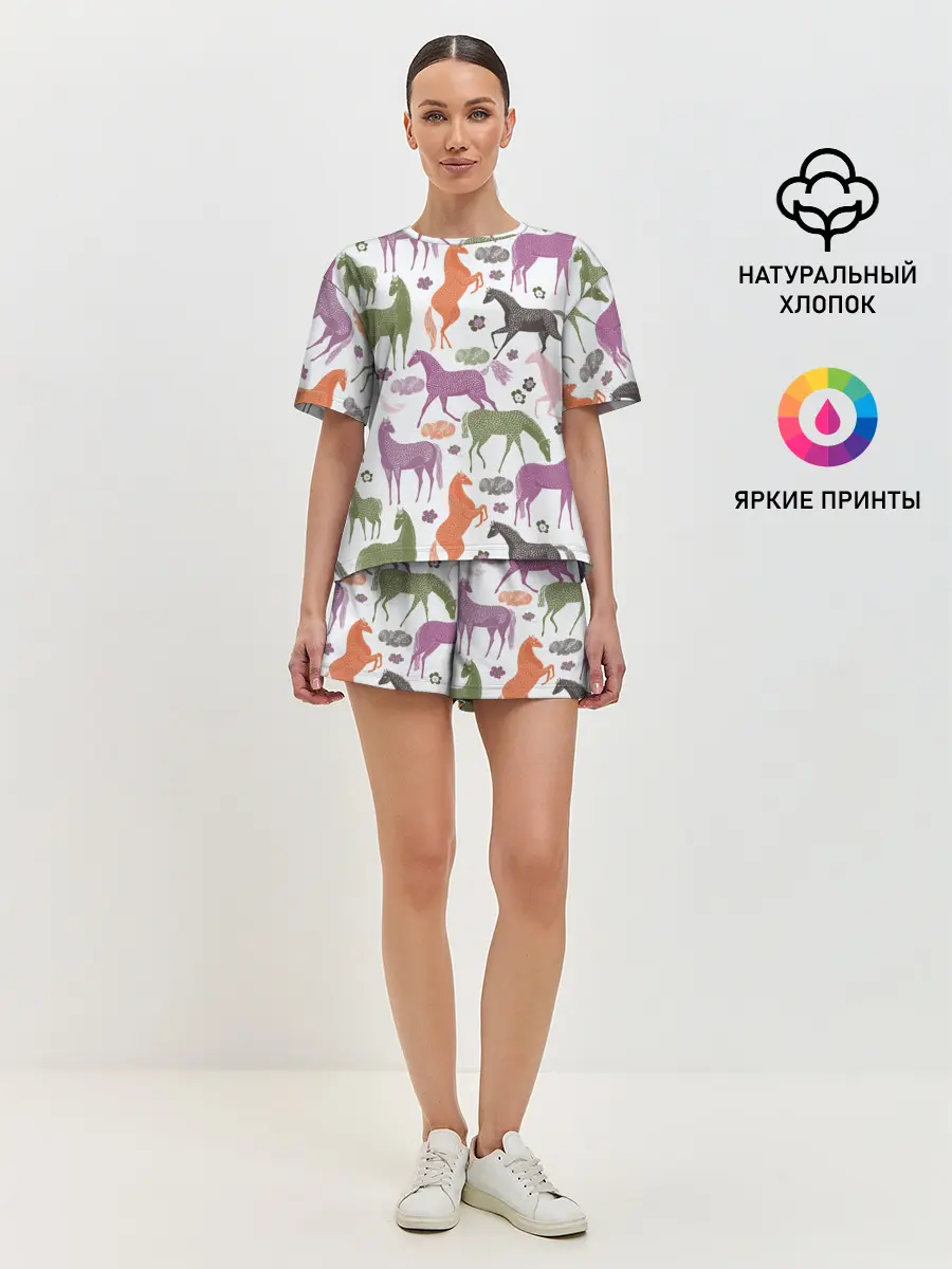 Женская пижама с шортами / лошадки