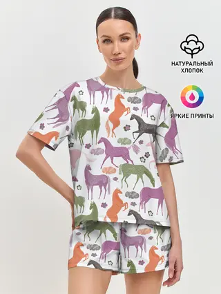 Женская пижама с шортами / лошадки