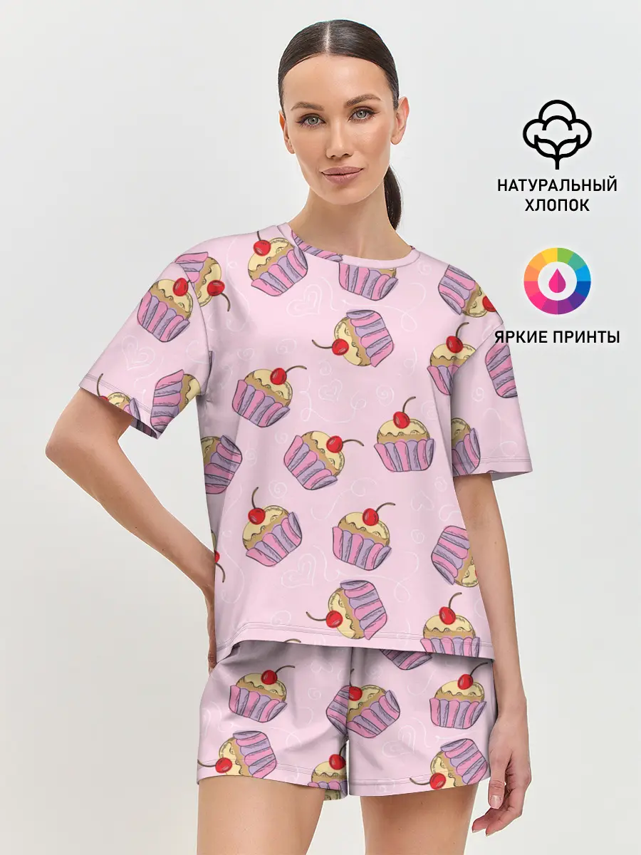 Женская пижама с шортами / Капкейки на розовом