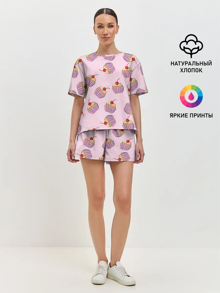 Женская пижама с шортами / Капкейки на розовом