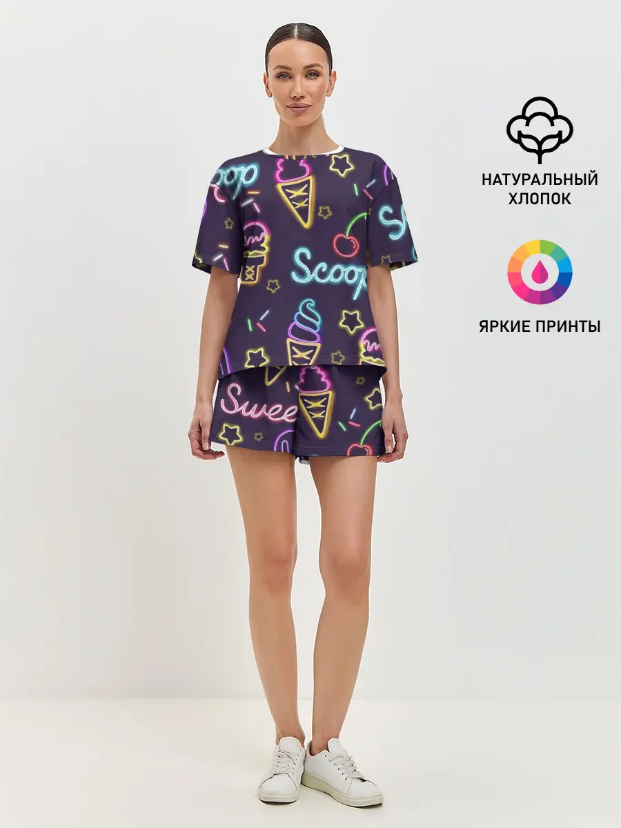Женская пижама с шортами / Мороженное неон