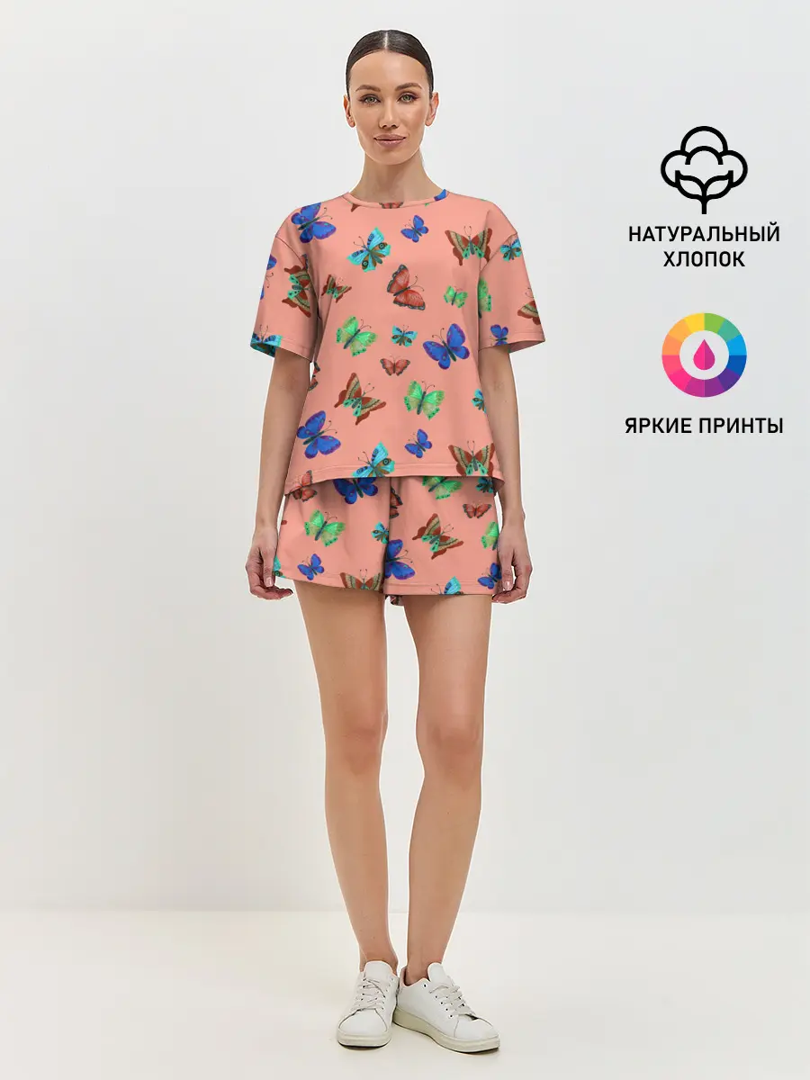 Женская пижама с шортами / Бабочки на персиковом фоне