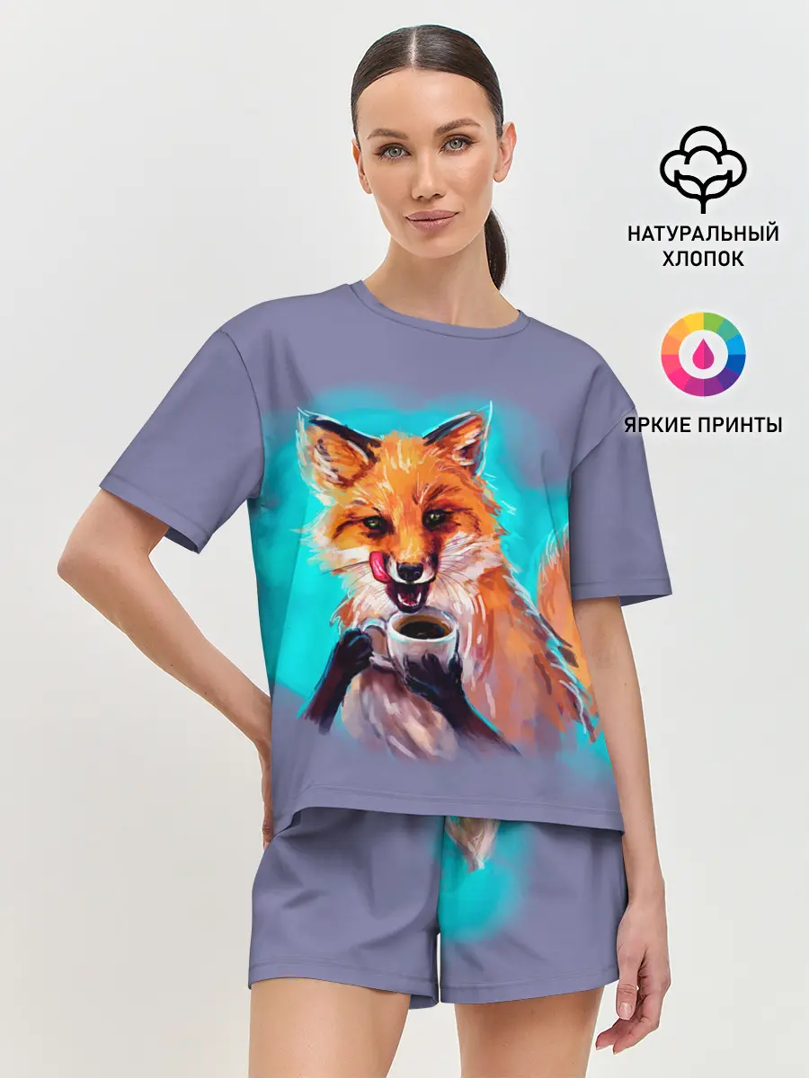 Женская пижама с шортами / Лиса с кофе