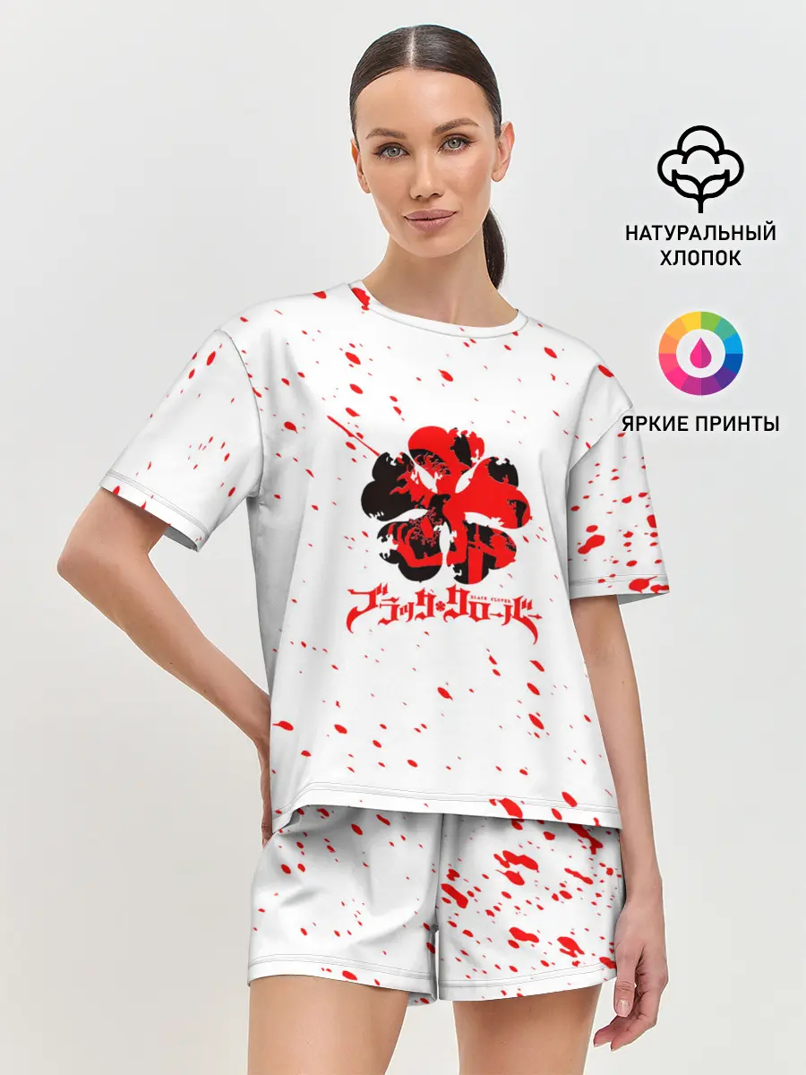 Женская пижама с шортами / Логотип черный клевер с голубыми брызгами