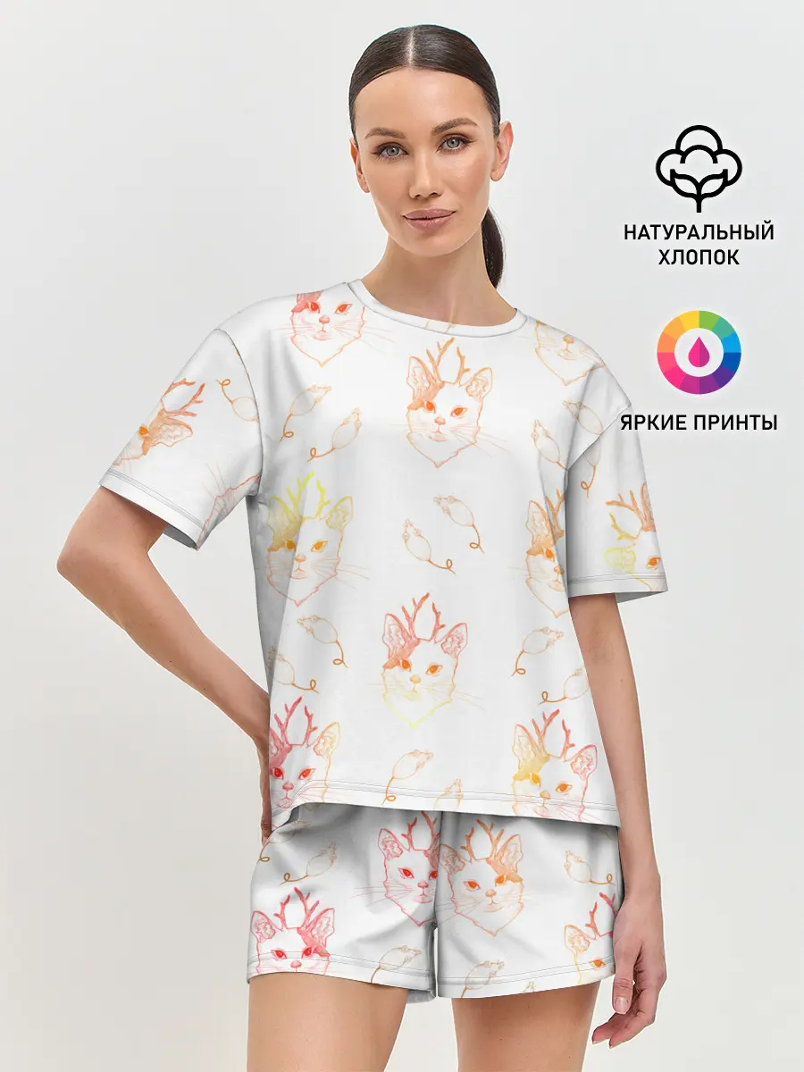 Женская пижама с шортами / Рогатая кошка с мышами