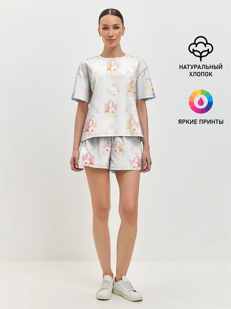 Женская пижама с шортами / Рогатая кошка с мышами