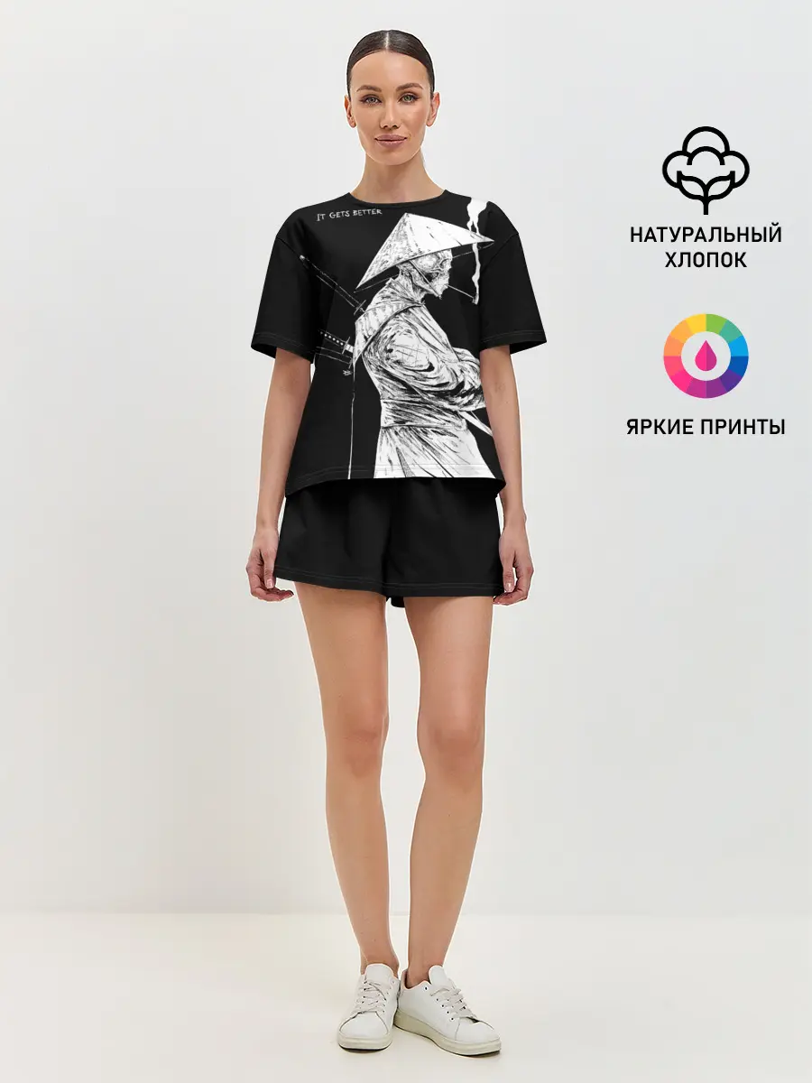 Женская пижама с шортами / Самурай скелет с трубкой