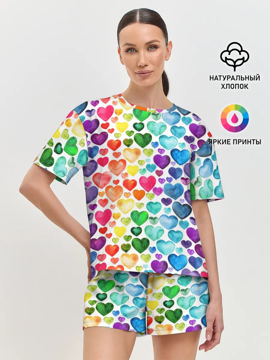 Женская пижама с шортами / Радужные сердечки