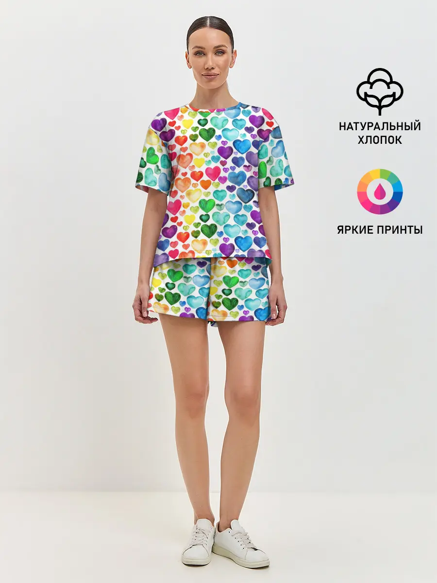 Женская пижама с шортами / Радужные сердечки