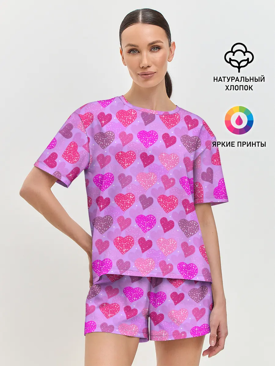 Женская пижама с шортами / Розовые сердечки