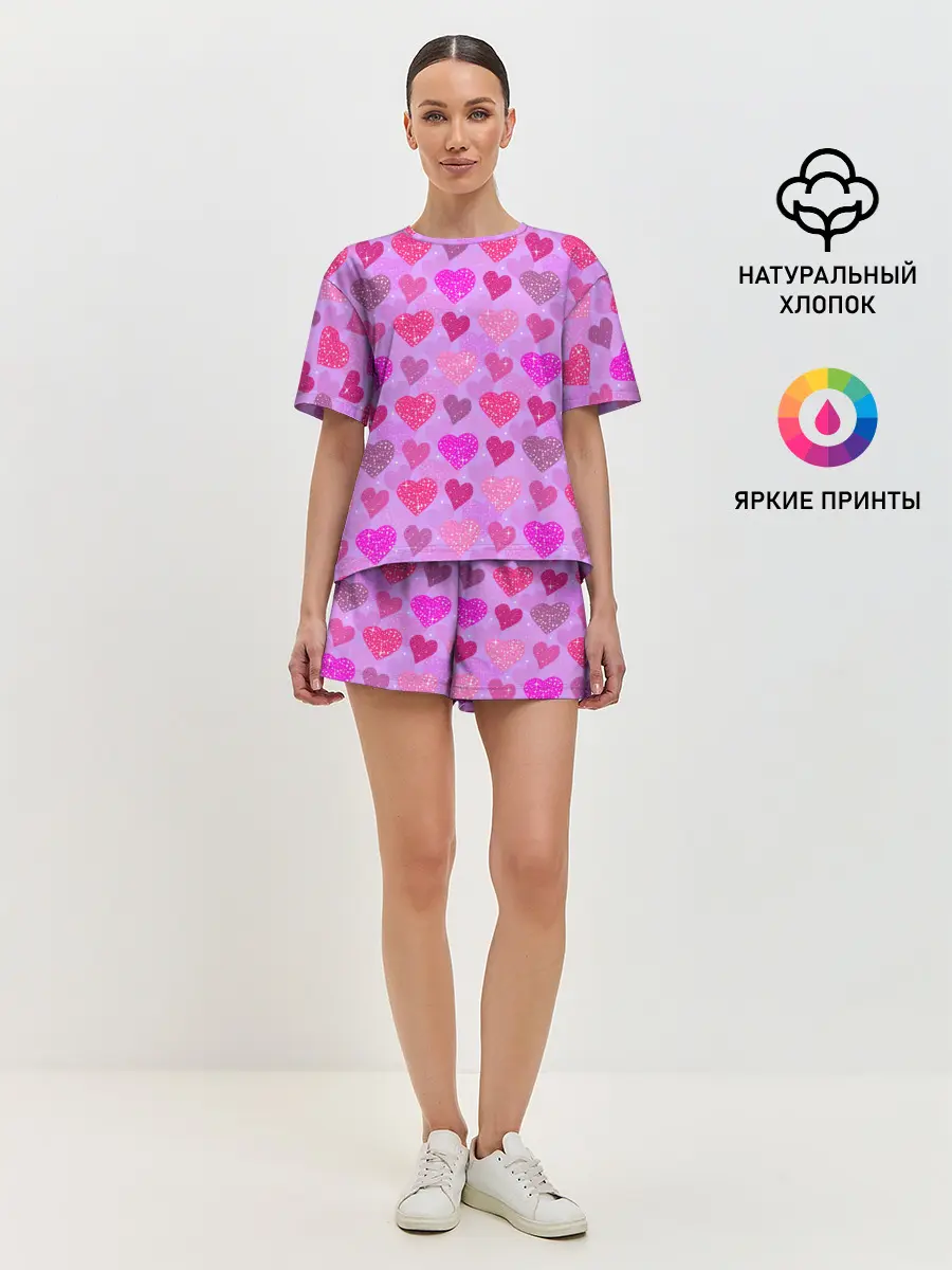 Женская пижама с шортами / Розовые сердечки