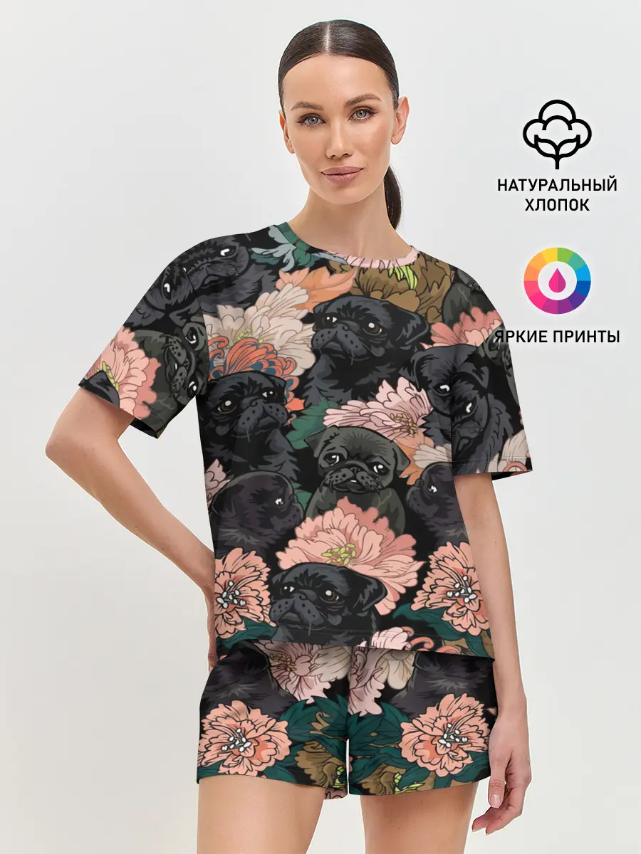 Женская пижама с шортами / Мопсы и Цветы