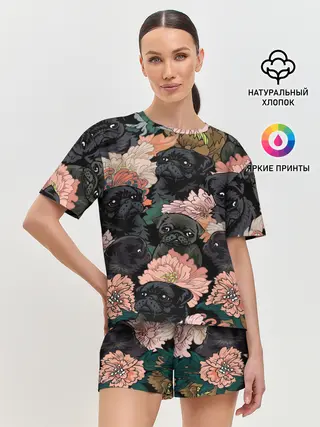 Женская пижама с шортами / Мопсы и Цветы