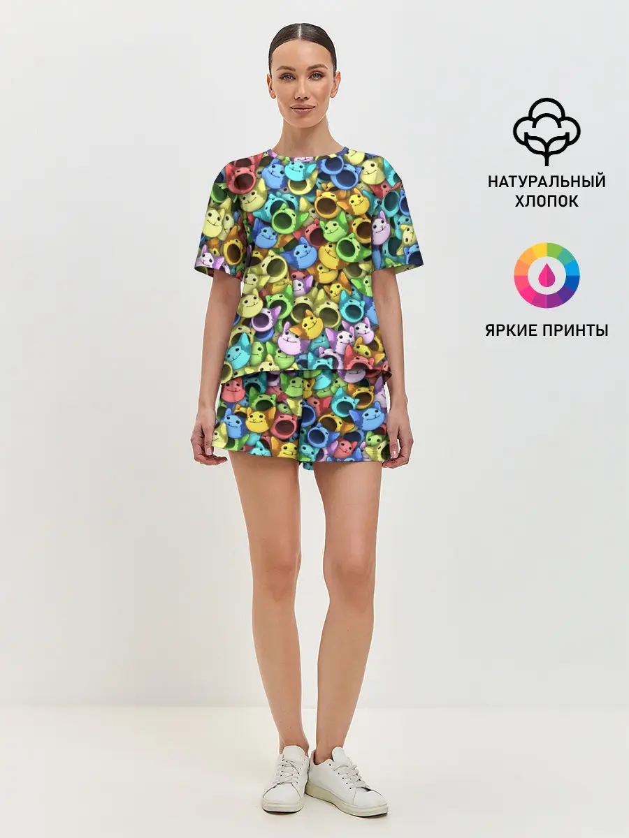 Женская пижама с шортами / Цветные Поп Котики