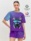 Женская пижама с шортами / Кот очки наушники модный