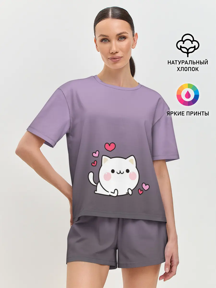 Женская пижама с шортами / влюбленный котенок