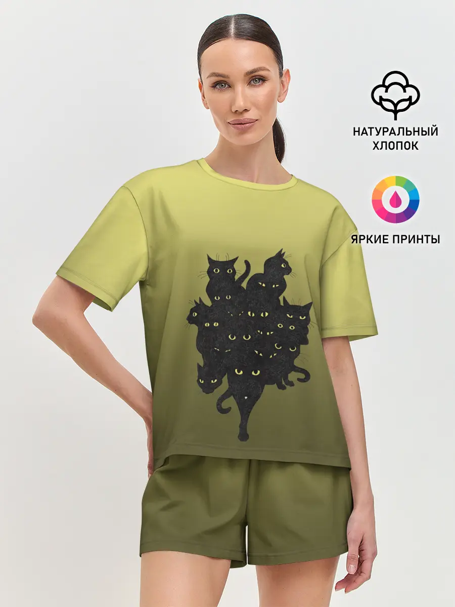 Женская пижама с шортами / много черных котов