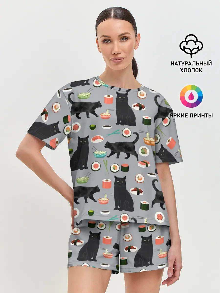Женская пижама с шортами / Котики и Суши