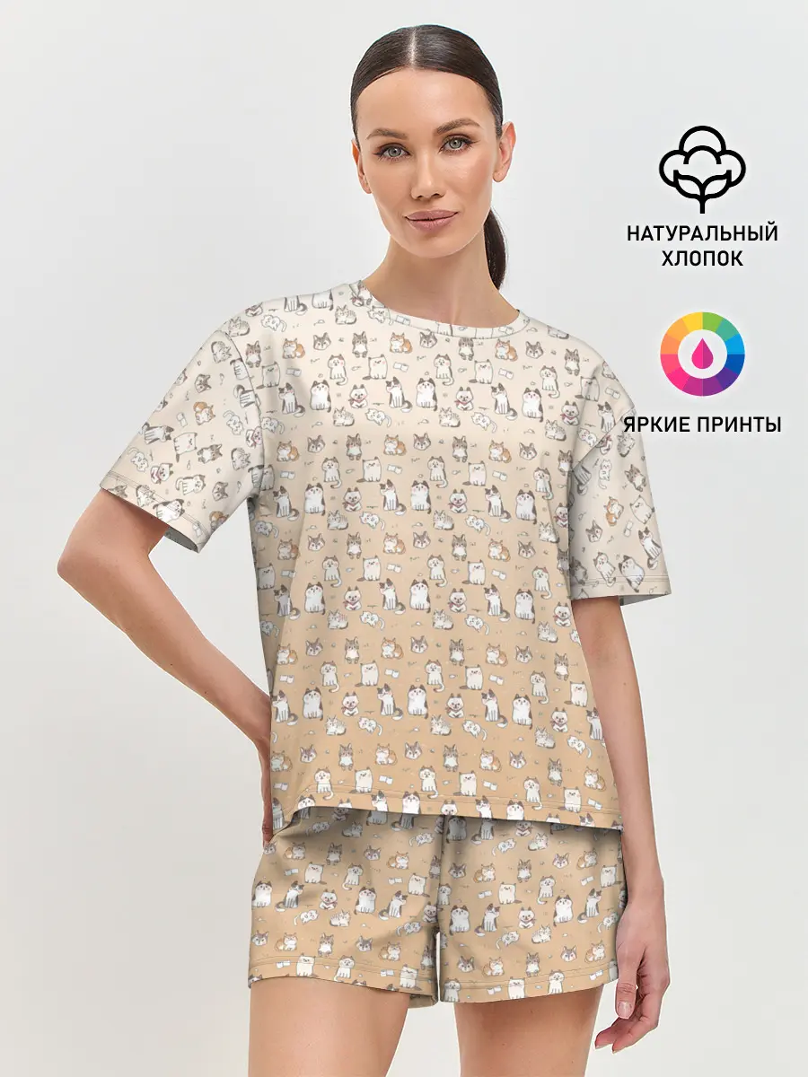 Женская пижама с шортами / много котиков узор