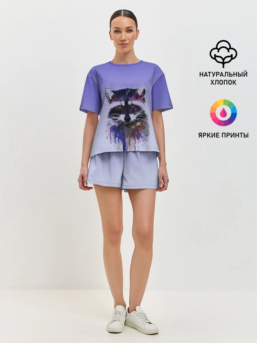 Женская пижама с шортами / енот акварелью потеки