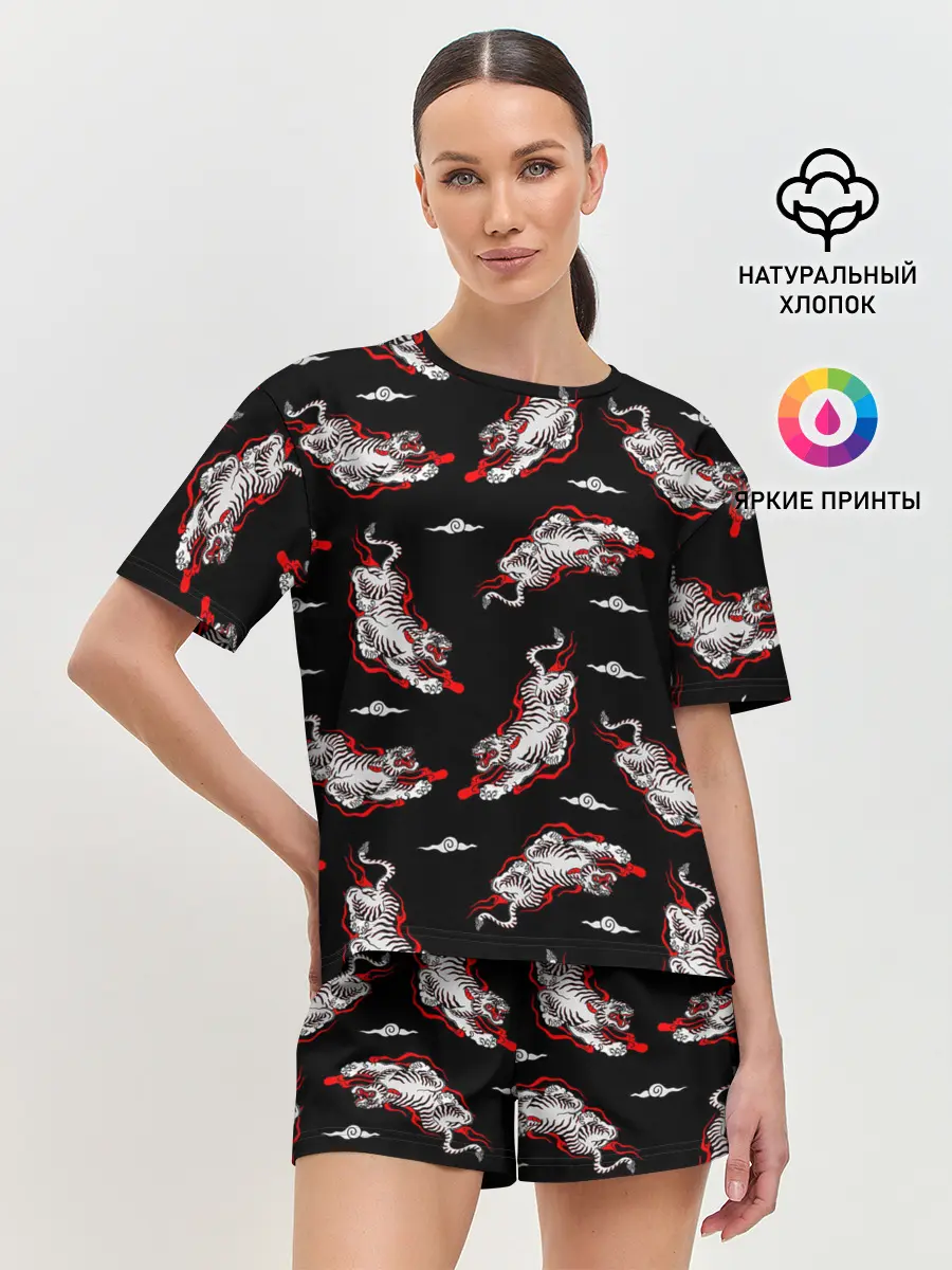 Женская пижама с шортами / Японский стиль - тигры