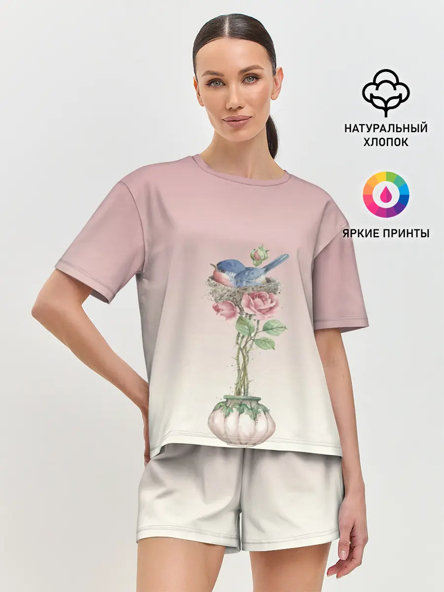 Женская пижама с шортами / Птичка в гнезде роза