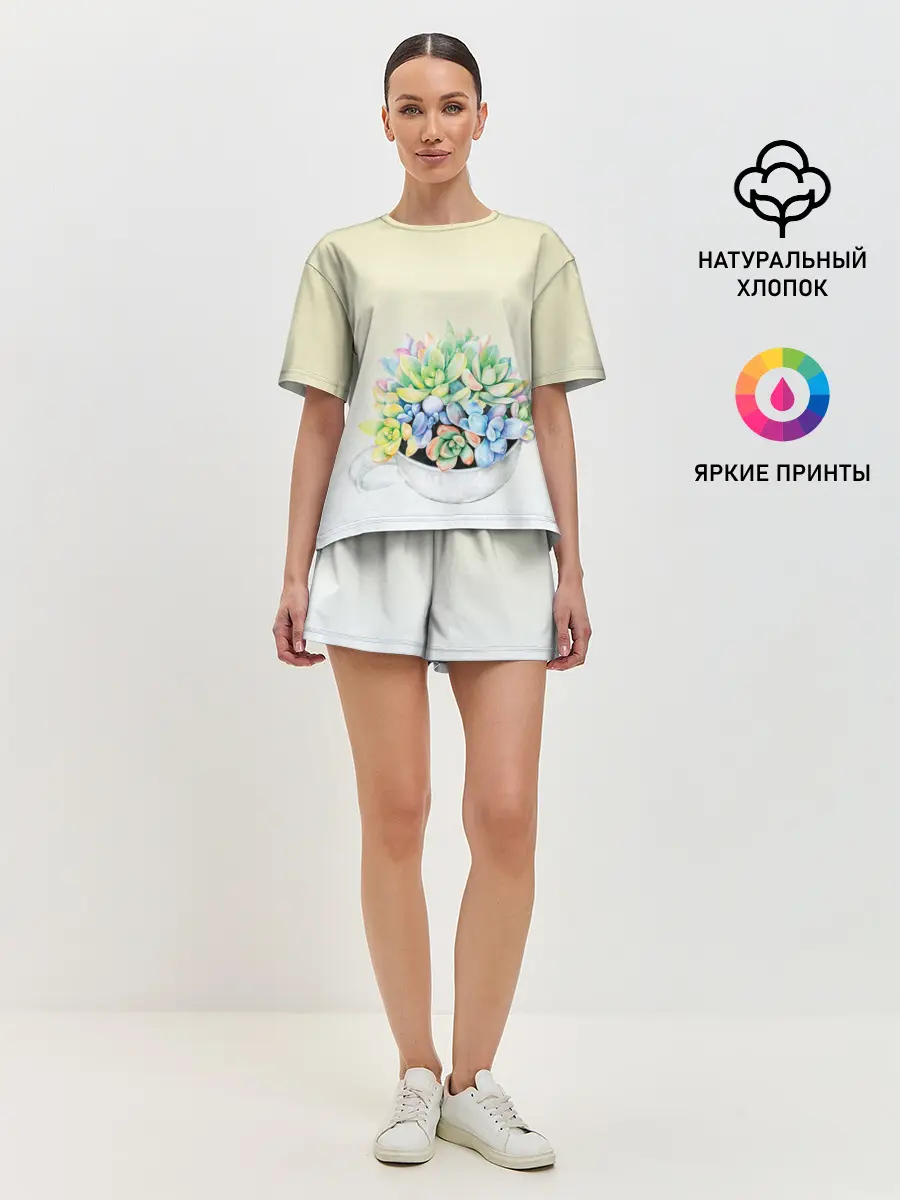 Женская пижама с шортами / Чашка с суккулентами