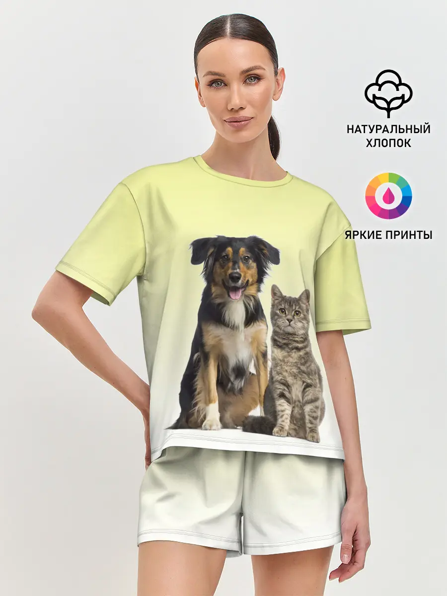 Женская пижама с шортами / кошка и собака друзья