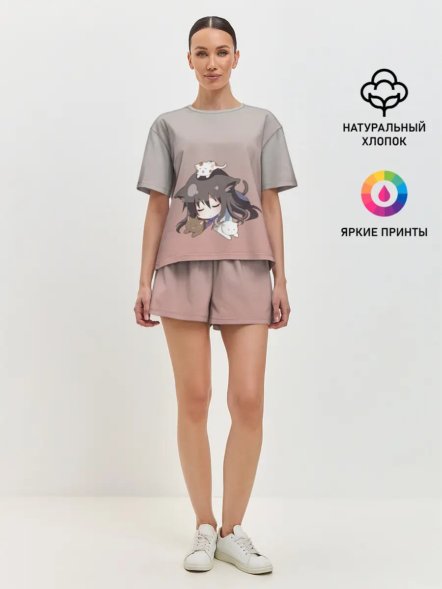 Женская пижама с шортами / малышка спит ушки котики