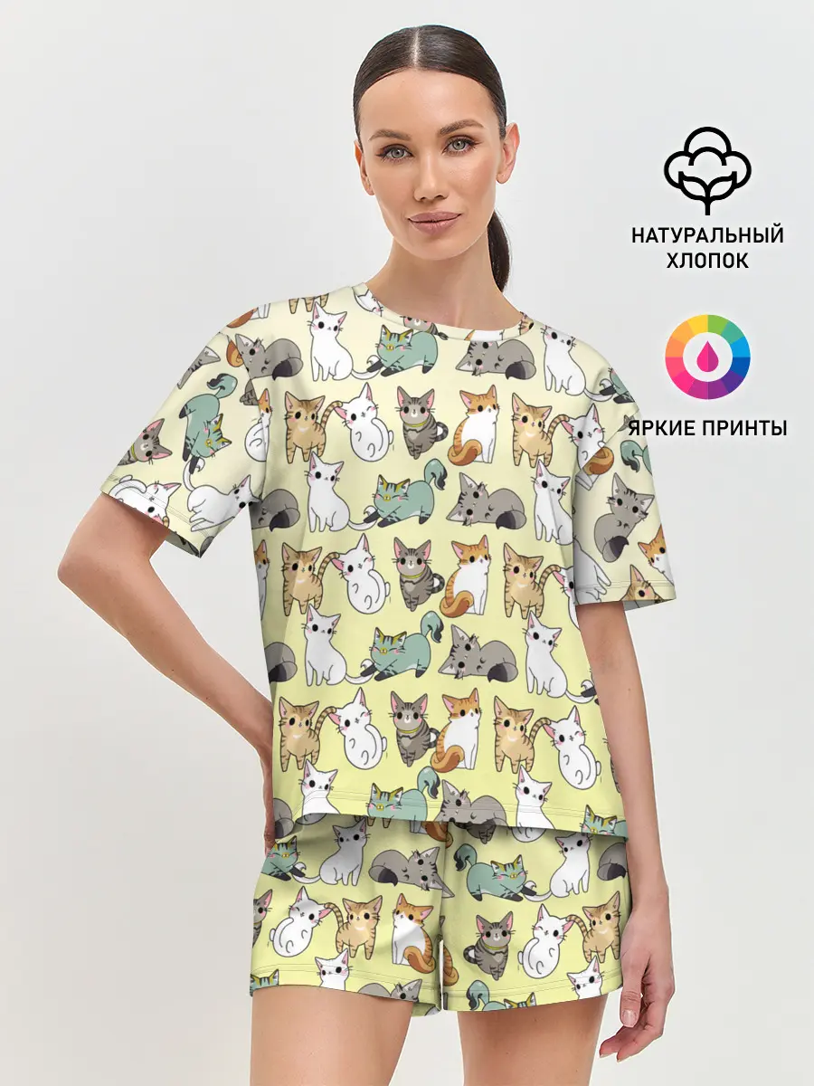 Женская пижама с шортами / мультяшные котики на желтом мя