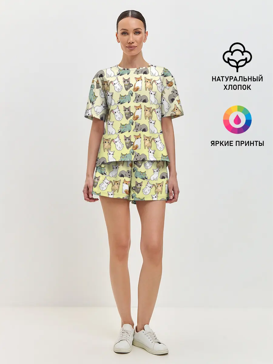 Женская пижама с шортами / мультяшные котики на желтом мя