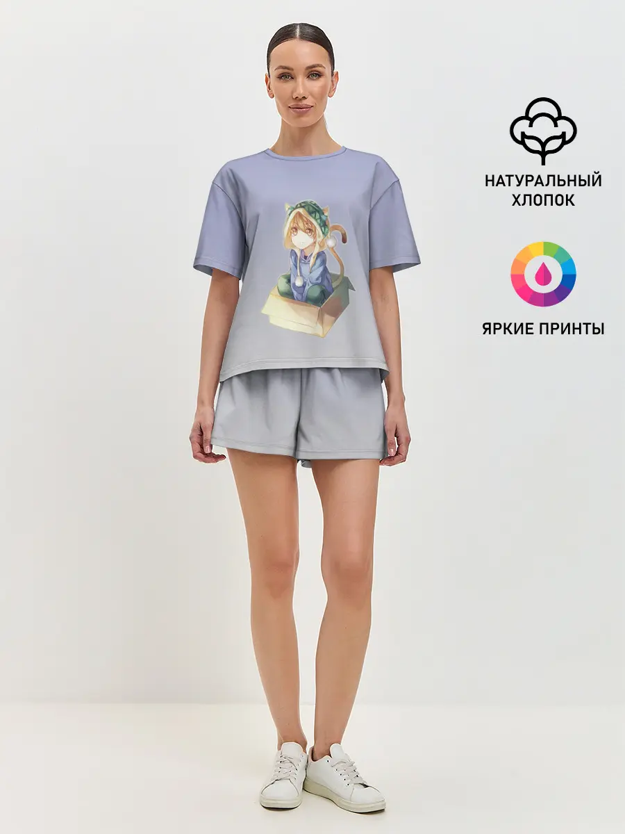 Женская пижама с шортами / мальчик кот в коробке уши мяу