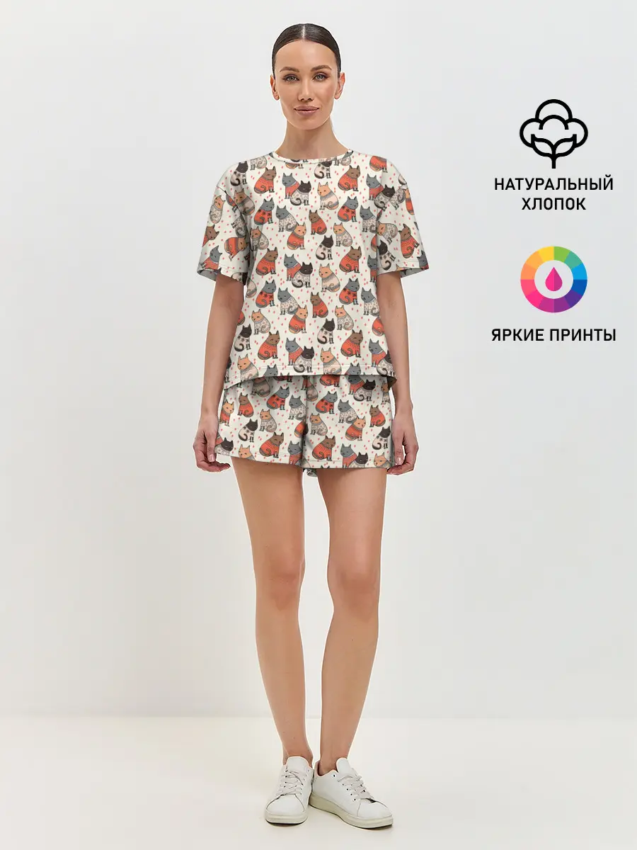 Женская пижама с шортами / Коты в Свитерах Паттерн