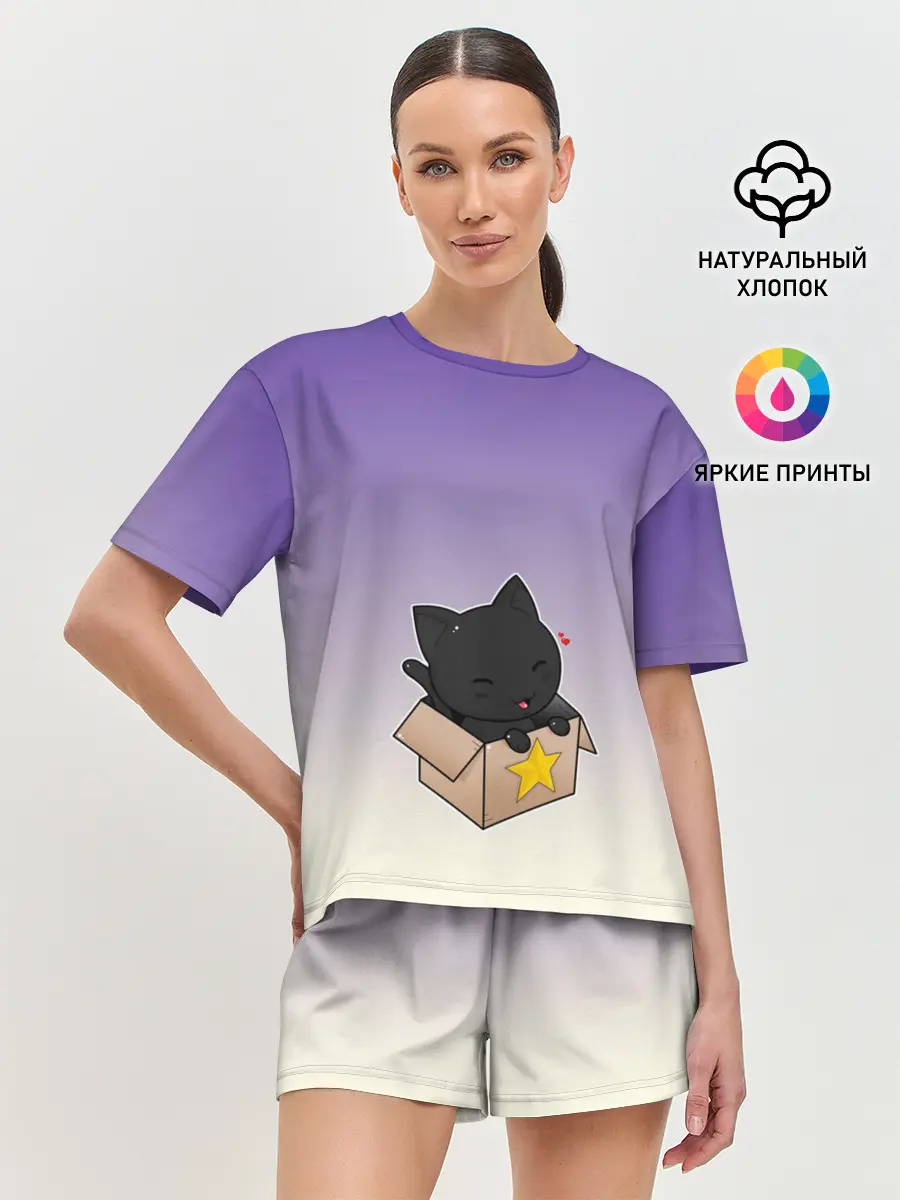 Женская пижама с шортами / черный котенок в коробке