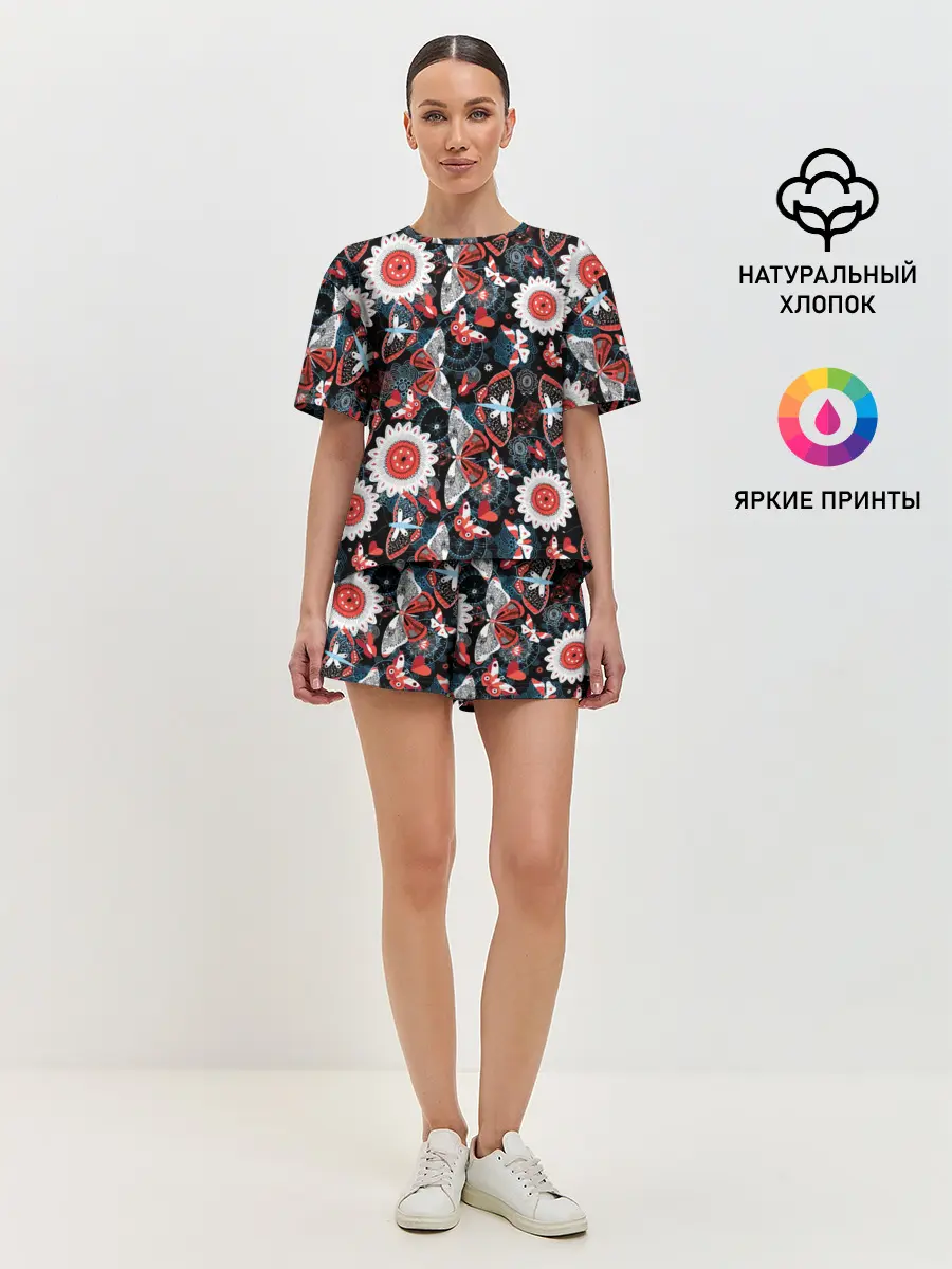 Женская пижама с шортами / Паттерн из Бабочек с Цветами