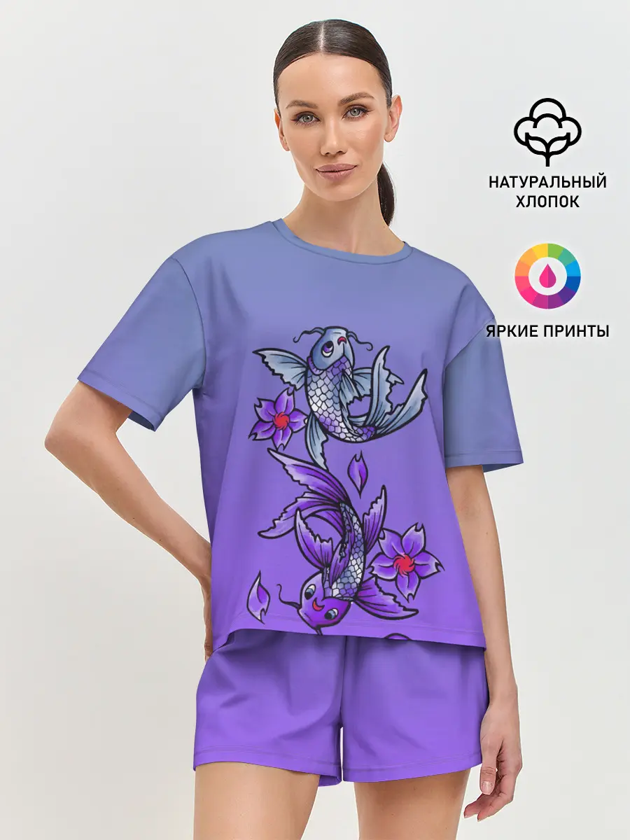 Женская пижама с шортами / Рыбы и цветы