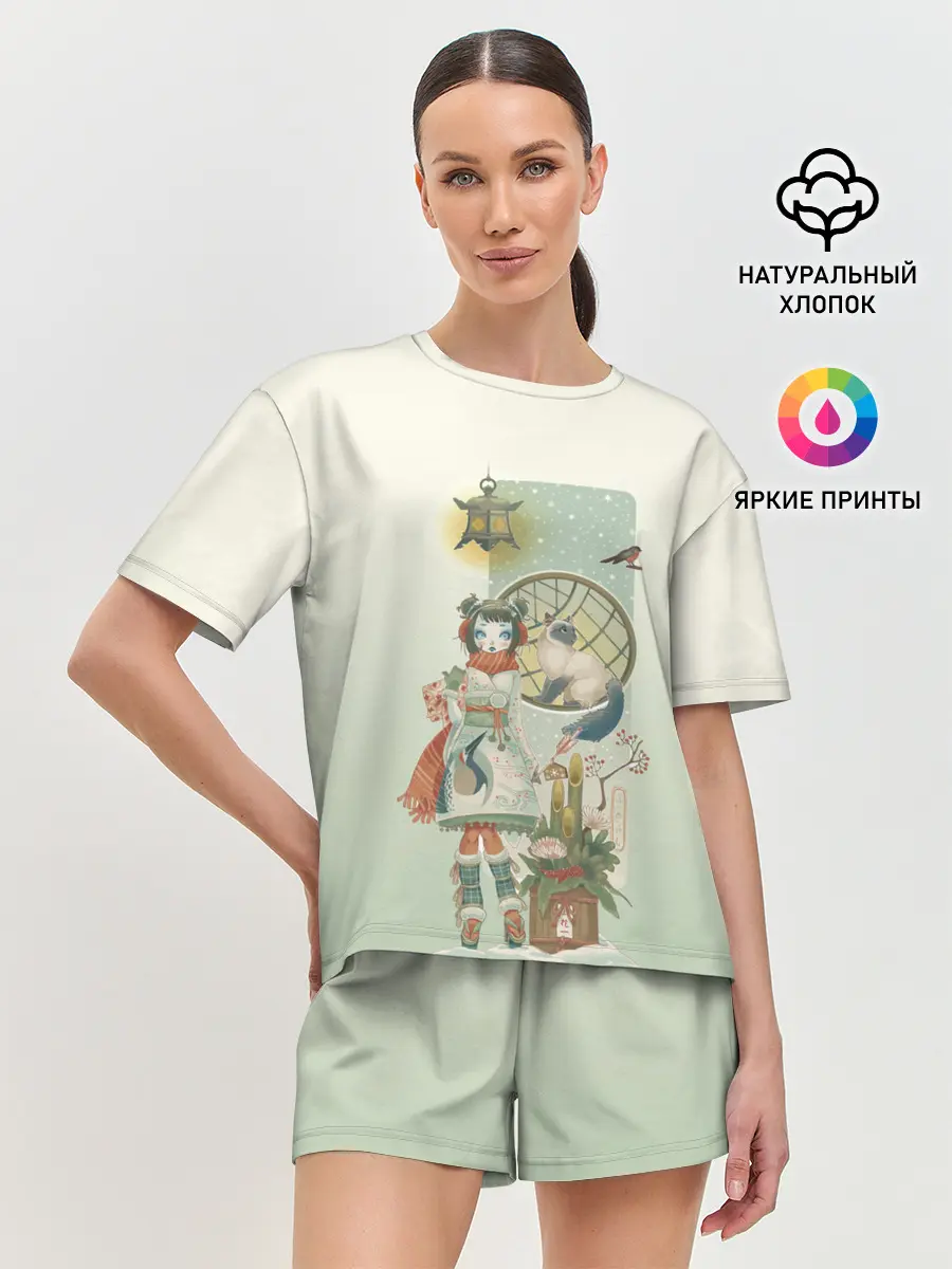 Женская пижама с шортами / девушка кимоно зима Япония кот