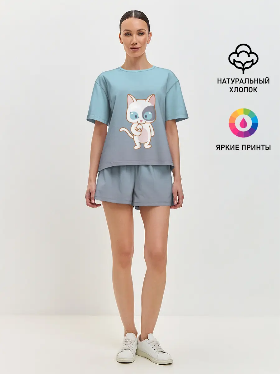 Женская пижама с шортами / кот с мороженкой