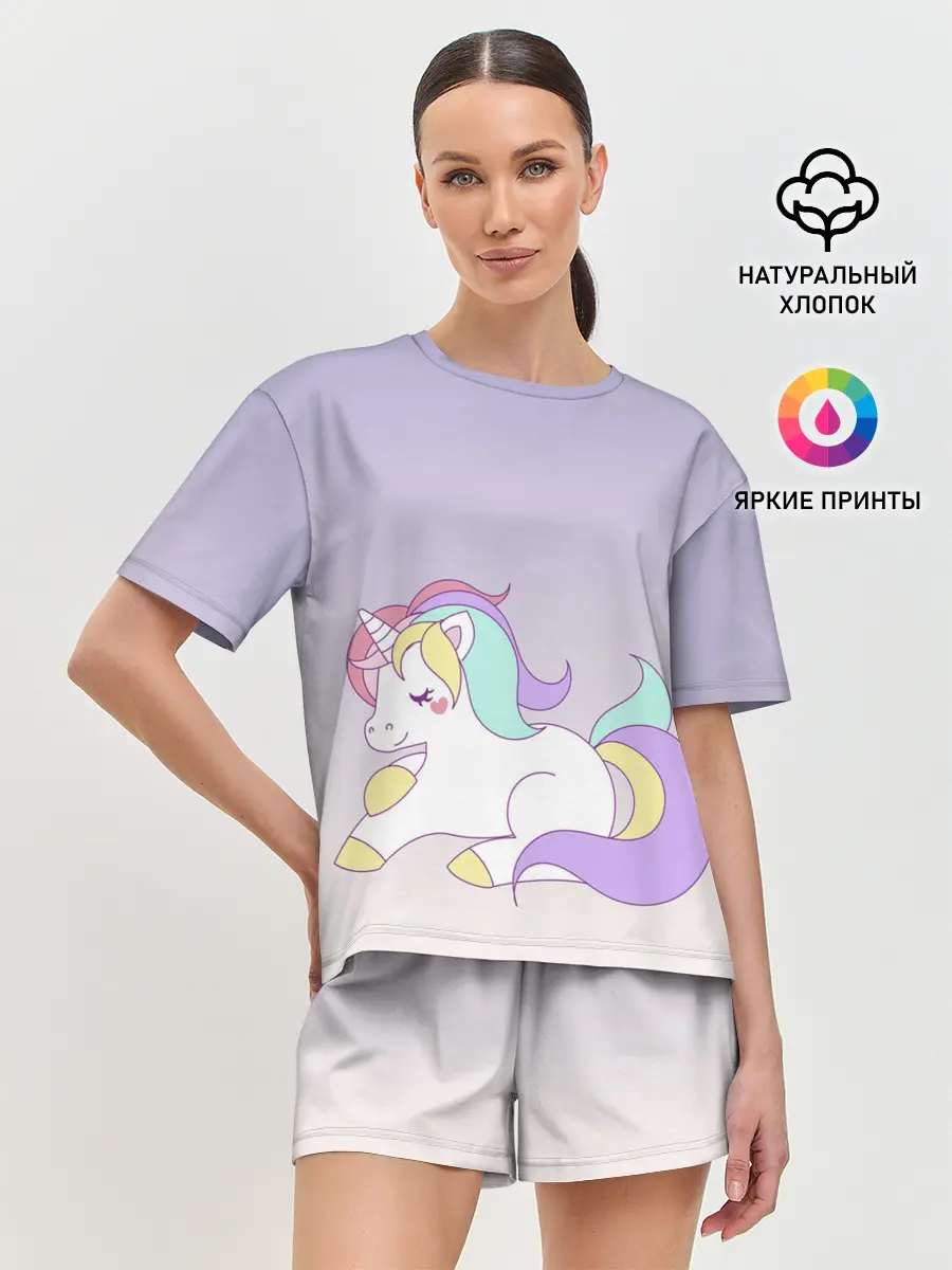 Женская пижама с шортами / единорожек на фиолетовом