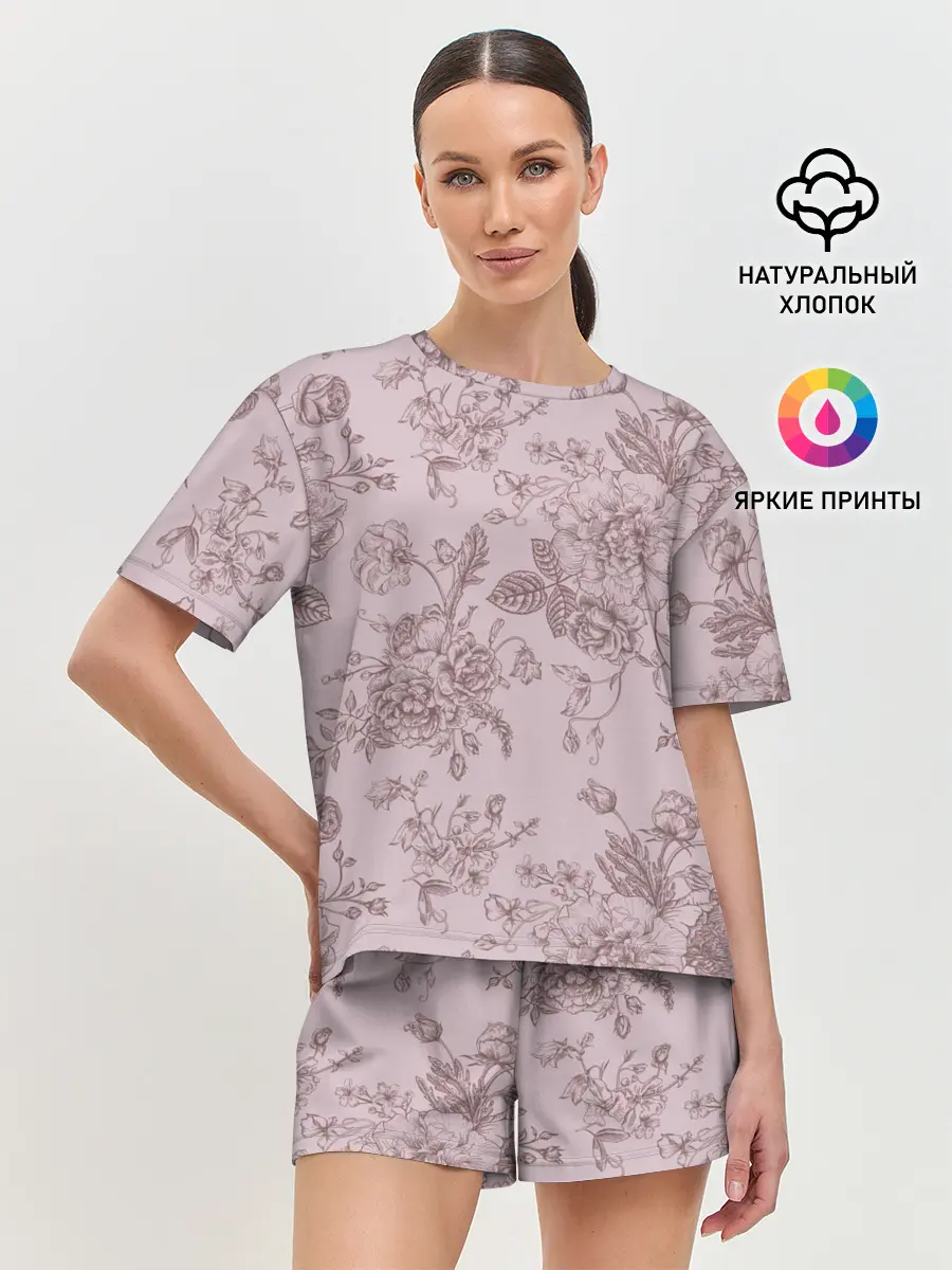 Женская пижама с шортами / розы с пионами