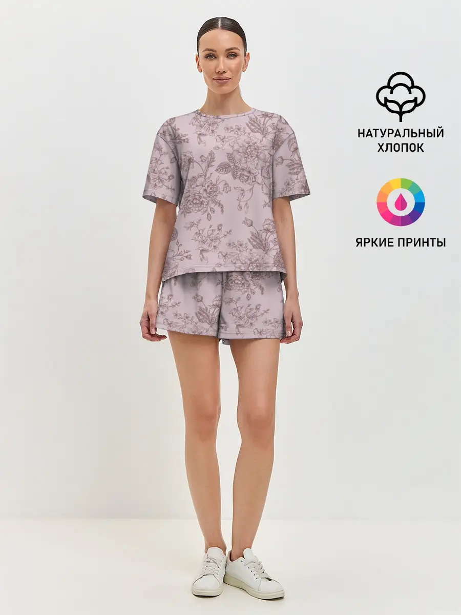 Женская пижама с шортами / розы с пионами
