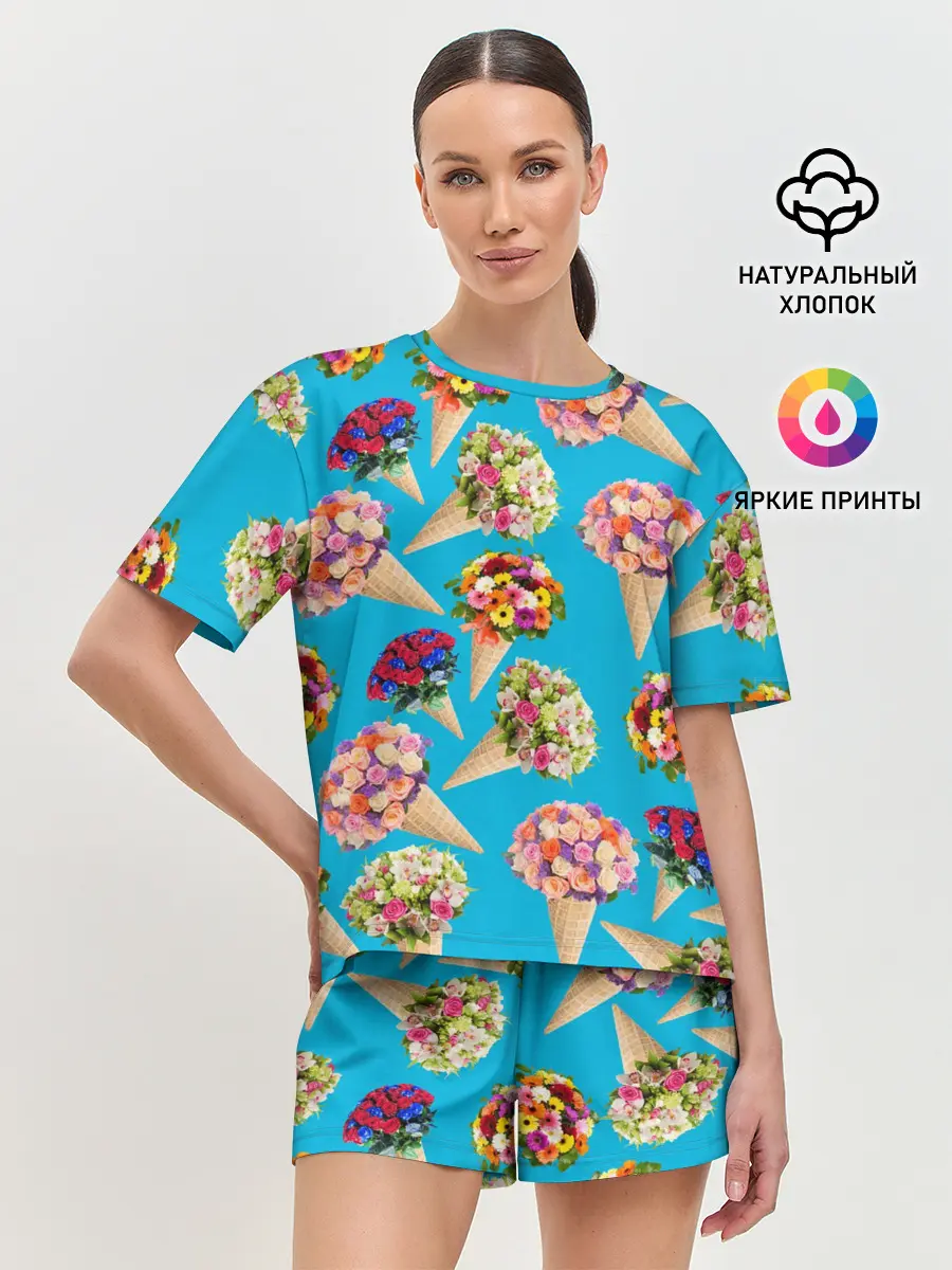 Женская пижама с шортами / Рожок цветов